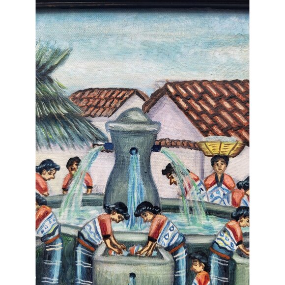 Samuel Sotz Oil on Canvas Painting Comalapa Wash Day Culture Folk Art Guatamalan - Picture 6 of 10